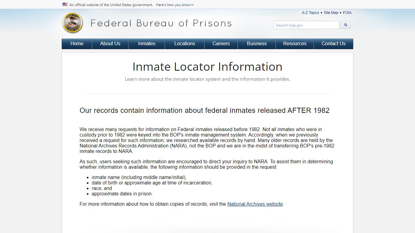 BOP: About Federal Inmate Records - Federal Bureau of Prisons