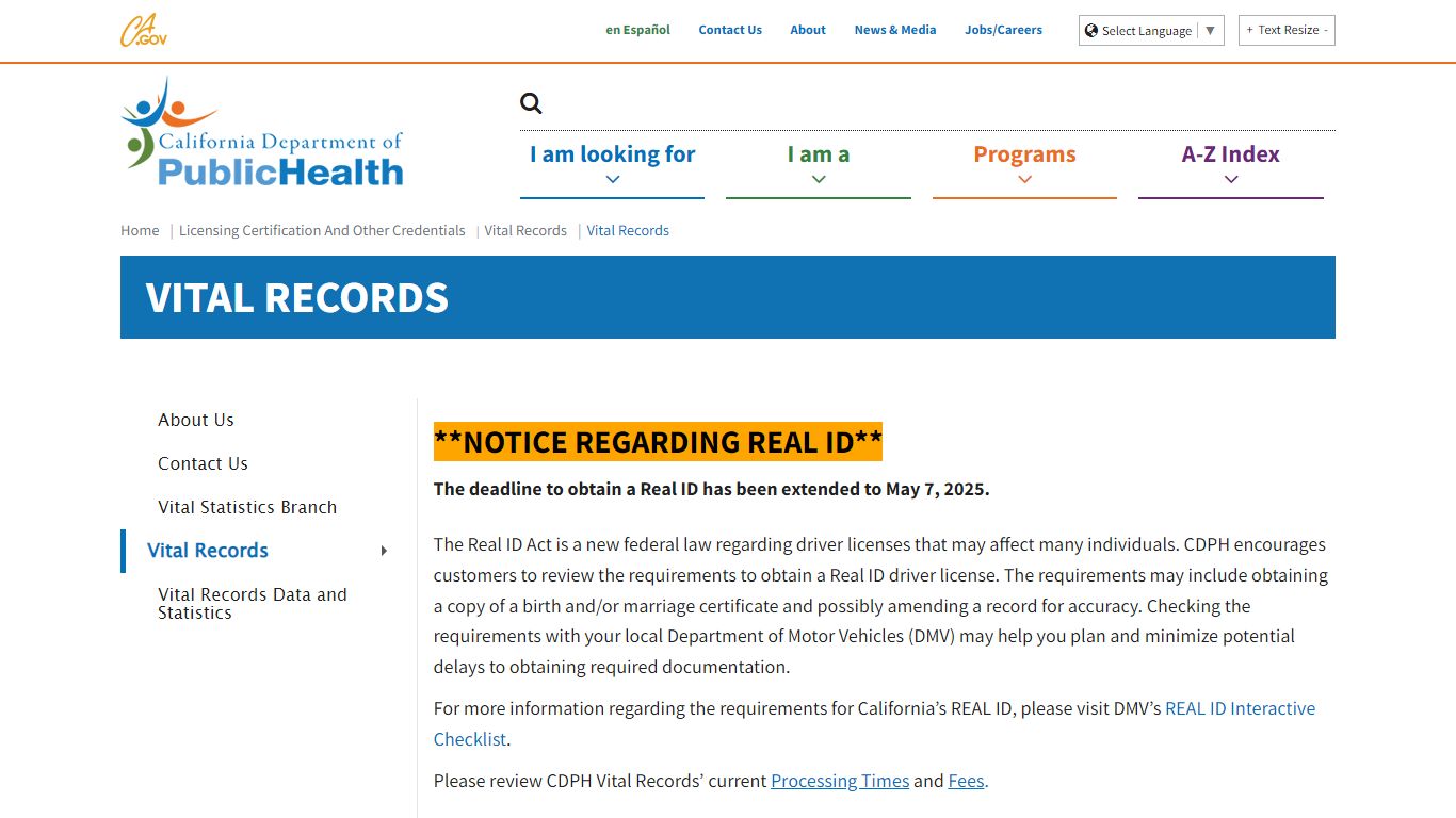 Vital Records - California Department of Public Health
